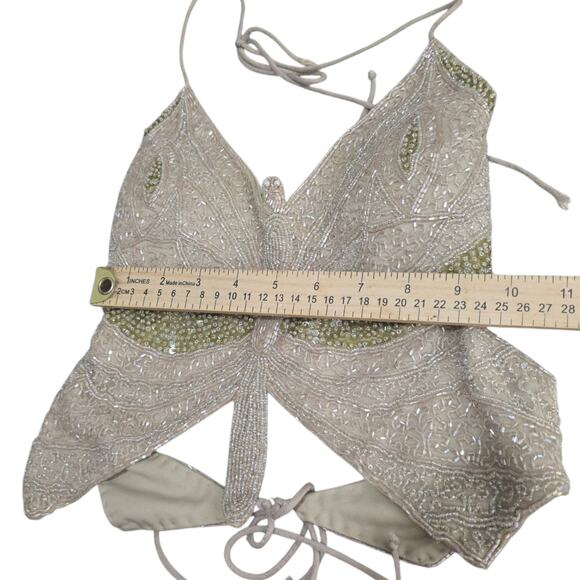Y2K 5.7.9 Vintage Beaded Sequin Butterfly Halter Top Medium Green Cream - Picture 6 of 7